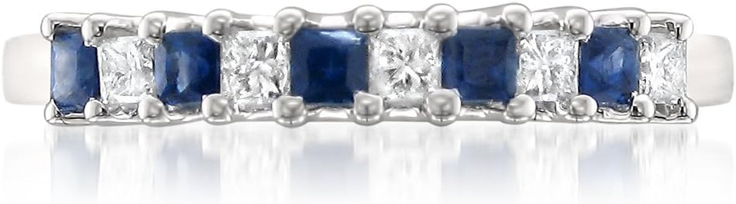 Prong-Set 1/2 CT Princess Cut Natural Diamond & Blue Sapphire Wedding Band (H-I, I1-I2) in 14K White Gold | Fine Jewelry for Women Girls | Gift Box Included