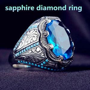 European and American Hot Selling Sapphire Retro Rings for Men, Antique Silver Inlaid Sapphires with Diamonds Luxury Fashion Men's Retro Rings, Classic Atmosphere, Party Business Casual Jewelry, Wedding Accessories, Anniversary Gifts